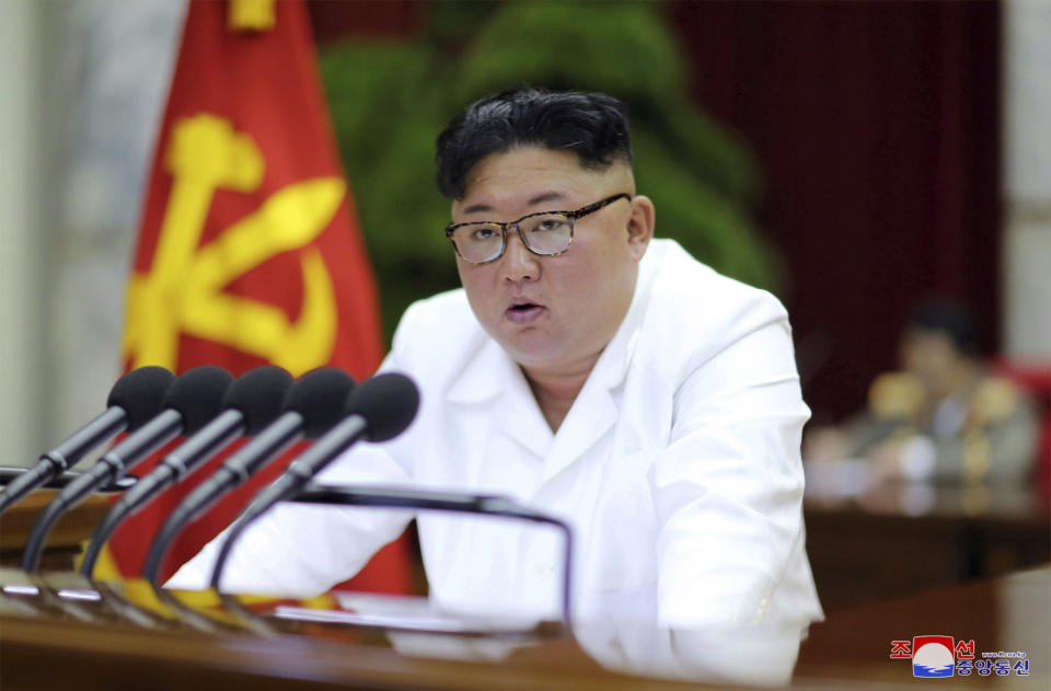 In this Sunday, Dec. 29, 2019, photo provided Monday, Dec. 30, by the North Korean government, North Korean leader Kim Jong Un speaks during a Workers’ Party meeting in Pyongyang, North Korea. North Korea opened Saturday, on Dec. 28, a high-profile political conference to discuss how to overcome “harsh trials and difficulties," state media reported Sunday, days before a year-end deadline set by Pyongyang for Washington to make concessions in nuclear negotiations. Independent journalists were not given access to cover the event depicted in this image distributed by the North Korean government. The content of this image is as provided and cannot be independently verified. Korean language watermark on image as provided by source reads: "KCNA" which is the abbreviation for Korean Central News Agency. (Korean Central News Agency/Korea News Service via AP)