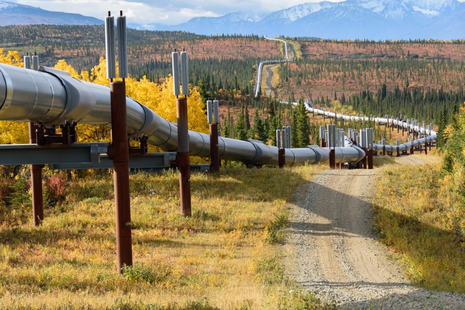 Image of a pipeline running through a forested area with mountains in the distance. 