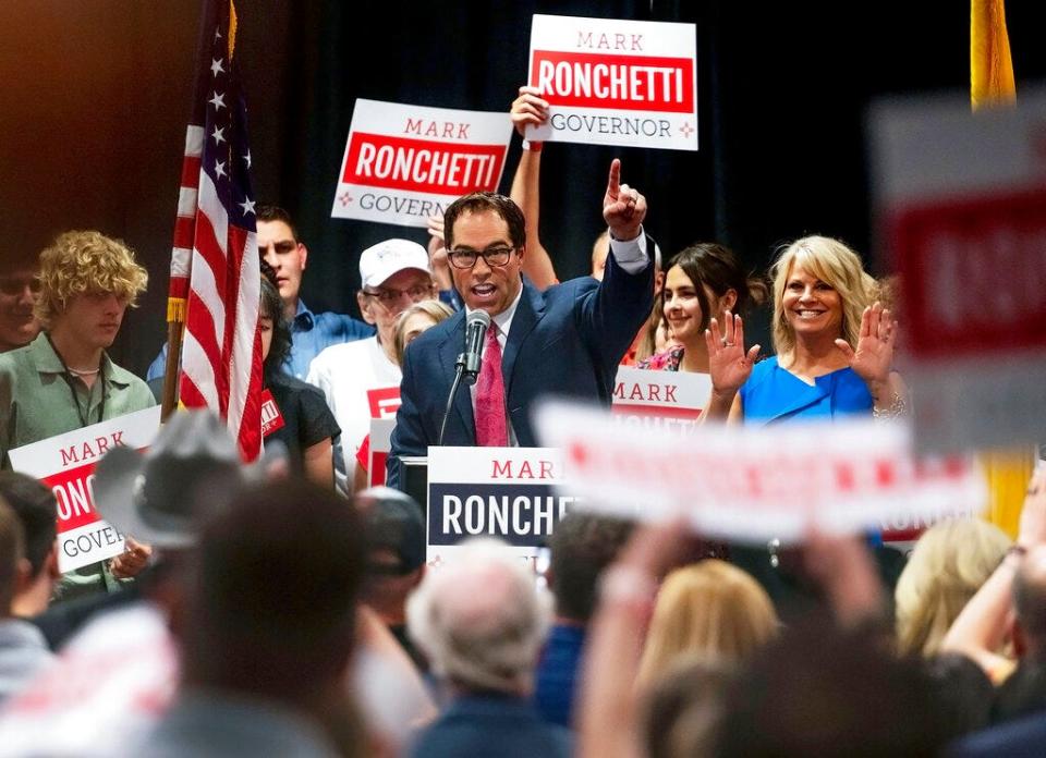 Republican Mark Ronchetti addresses the crowd with his wife and two daughters after winning the Republican primary for governor of New Mexico during an election party held at the Marriott in northeast Albuquerque, N.M., on Tuesday, June 7, 2022. Ronchetti was running against incumbent Democratic Gov. Michelle Lujan Grisham.