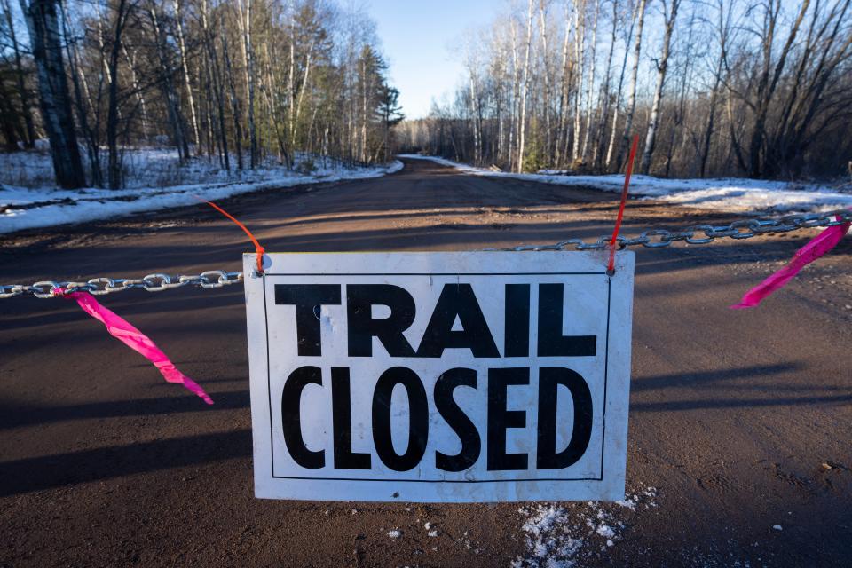 A cable blocks access to the start line of the American Birkebeiner earlier this month. The race has been shortened for most skiers and will be run on a 10-kilometer loop rather than from Cable to Hayward.