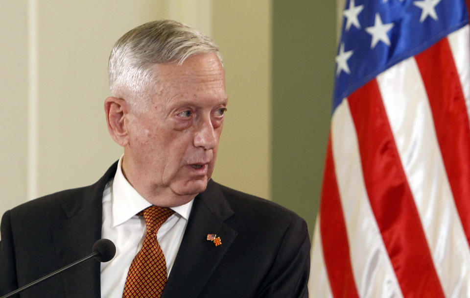 U.S. Defense Secretary James Mattis talks to the media in the presence of Macedonian Prime Minister Zoran Zaev following their meeting at the government building in Skopje, Macedonia, Monday, Sept. 17, 2018. Mattis arrived in Macedonia Monday, condemning Russian efforts to use its money and influence to build opposition to an upcoming vote that could pave the way for the country to join NATO, a move Moscow opposes. (AP Photo/Boris Grdanoski)