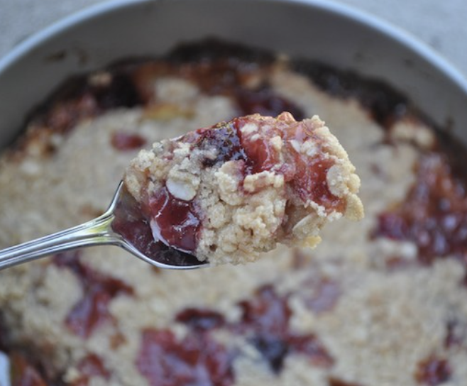 You'll lick the pan, so beware. Recipe: Peach and Raspberry Cobbler 