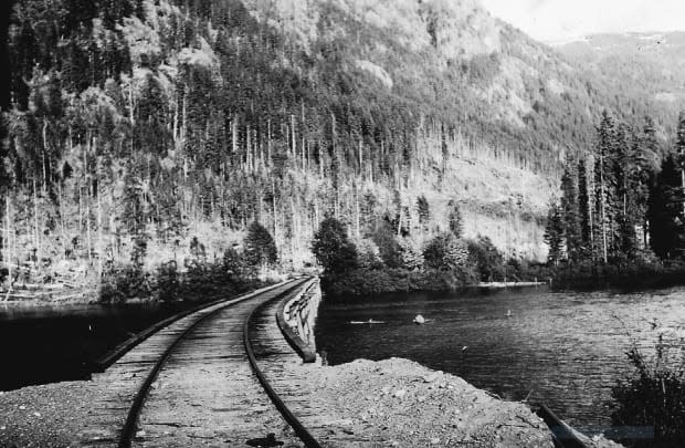 This photo shows a railroad by Elk River Timber Camp 9 in Strathcona Provincial Park. (Will J. Reid Family Collection/Submitted - image credit)