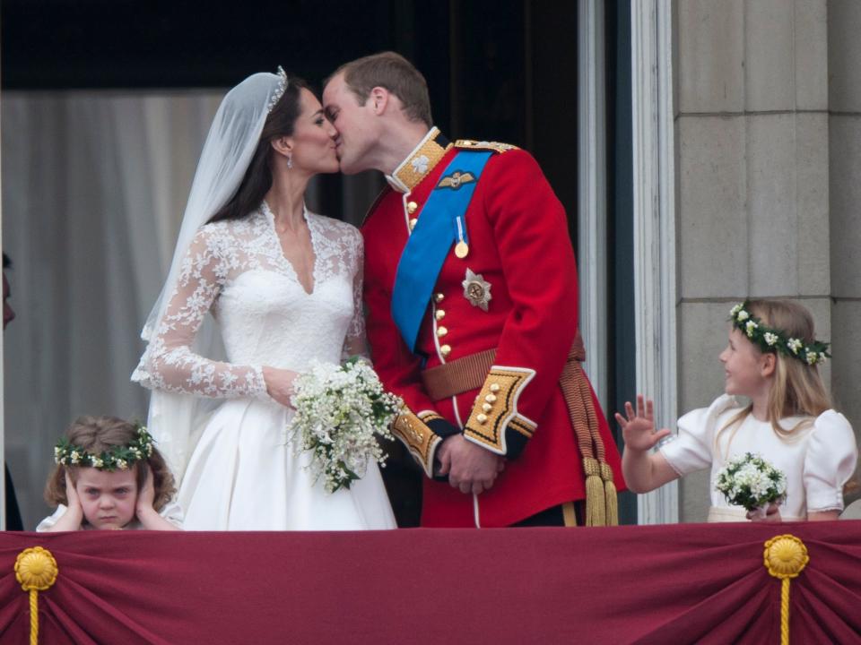 Prince William and Kate Middleton kiss on their wedding day in 2011.