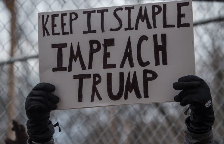 A protester calling for Trump to be kicked out of office (Rex)