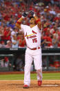 ST. LOUIS, MO - MAY 25: Rafael Furcal #15 of the St. Louis Cardinals celebrates his solo home run against the Philadelphia Phillies at Busch Stadium on May 25, 2012 in St. Louis, Missouri. (Photo by Dilip Vishwanat/Getty Images)