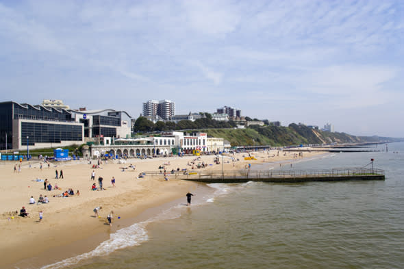 ENGLAND Dorset Bournemouth The East Beach showing the Imax Complex and seafront attractions with people on the beach and at the waters edge between the groynes. Clifftop hotels and flats in the distance