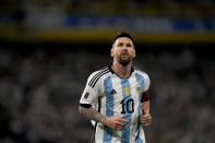 Argentina's Lionel Messi runs during a qualifying soccer match for the FIFA World Cup 2026 against Uruguay ,at La Bombonera stadium in Buenos Aires, Argentina, Thursday, Nov. 16, 2023. (AP Photo/Matias Delacroix)