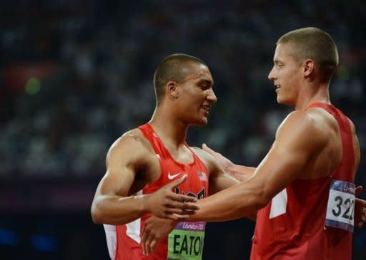 USA's gold medalist Ashton Eaton (L) and silver medalist Trey Hardee (R) celebrate after the London Olympics men's decathlon. Usain Bolt has admitted that despite streaking to a unique second successive Olympic sprint double, Eaton is the best athlete in the world