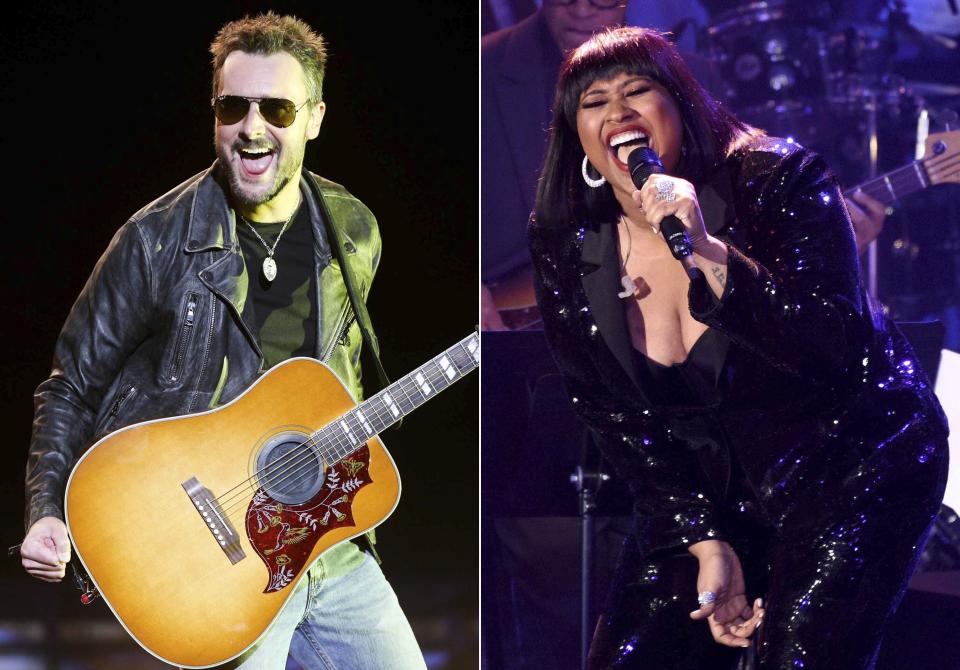 This combination photo shows Eric Church performing at the 2016 Stagecoach Festival in Indio, Calif., on April 29, 2016, left, and Jazmine Sullivan performing at the Pre-Grammy Gala And Salute To Industry Icons in Beverly Hills, Calif., on Feb. 9, 2019. Sullivan and Church will join forces to sing the national anthem at the next month’s Super Bowl, where Grammy-winning singer H.E.R. will perform “America the Beautiful.” (Photo by Chris Pizzello/Invision/AP, File)