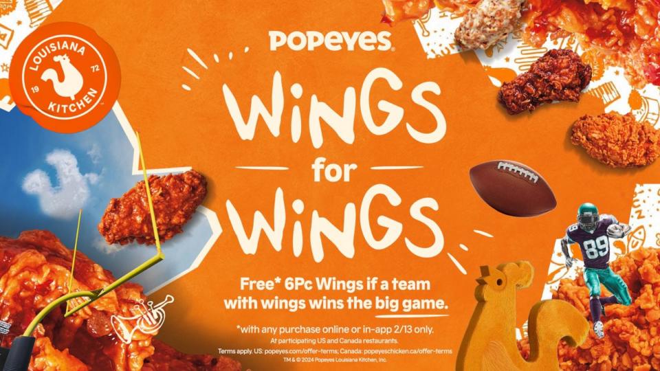 PHOTO: A new Popeyes promotion in tandem with the brand's debut commercial during the big game to win free wings depending on the result of the Super Bowl. (Popeyes)