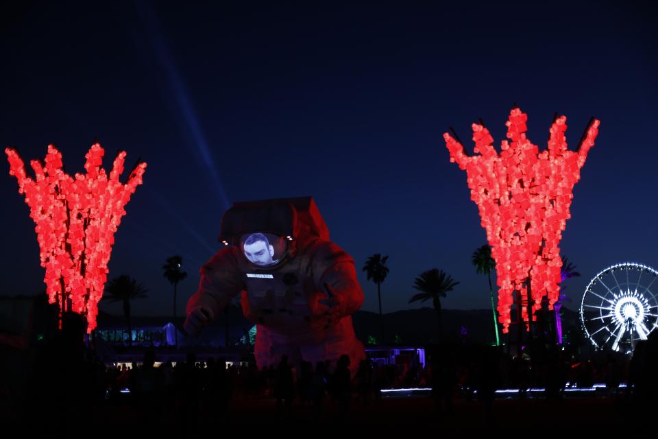 A large-scale moving sculpture called "Escape Velocity" by the Poetic Kinetics is pictured at the Coachella Valley Music and Arts Festival in Indio