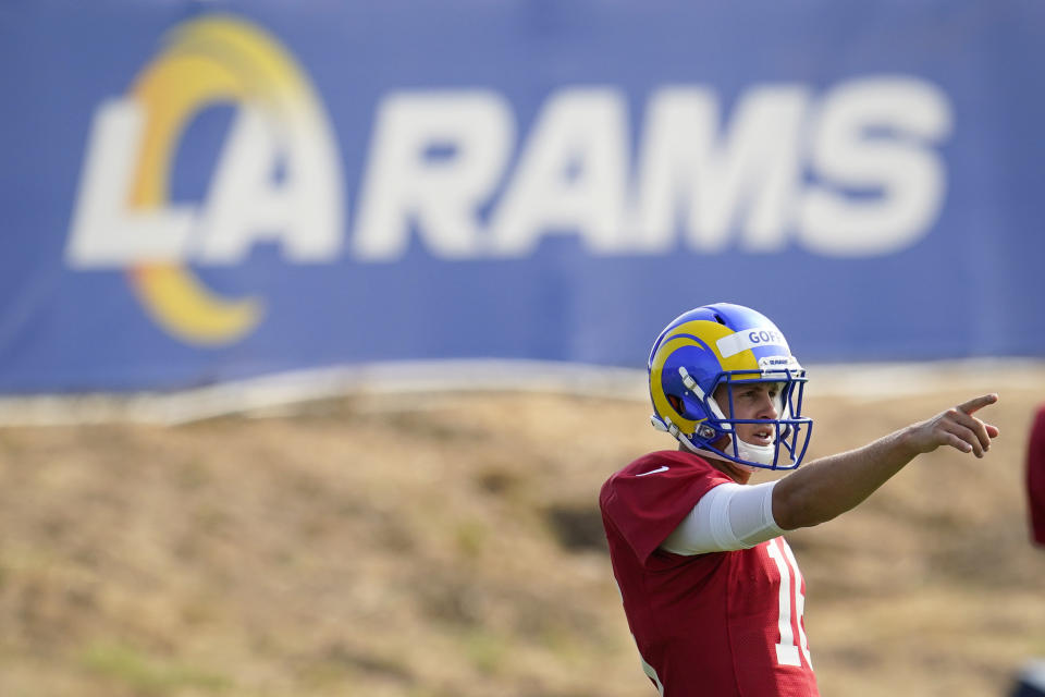 Los Angeles Rams quarterback Jared Goff signals during NFL football training camp, Tuesday, Aug. 18, 2020, in Thousand Oaks, Calif. (AP Photo/Marcio Jose Sanchez)