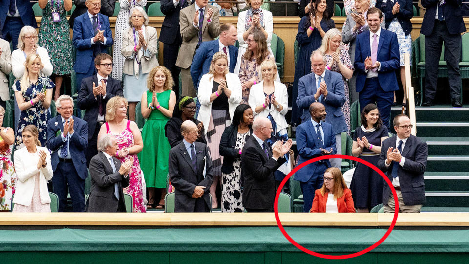 The Royal Box, pictured here standing and applauding Dame Sarah Gilbert.