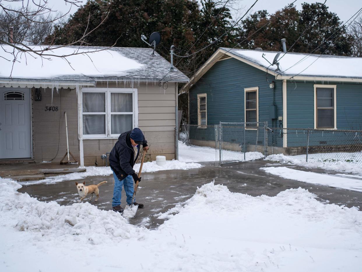 <p>A Waco, Texas, resident clears snow from his driveway alongside his dog on February 17, 2021 as severe winter weather conditions over the last few days has forced road closures and power outages over the state.</p> (AFP Via Getty)