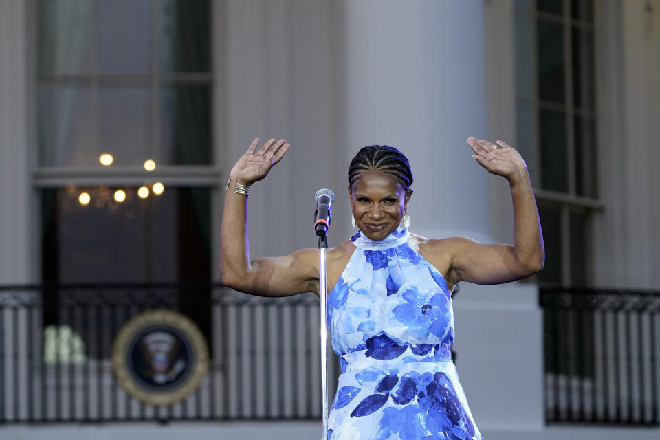 Audra McDonald performs during a Juneteenth concert on the South Lawn of the White House in Washington, Tuesday, June 13, 2023. (AP Photo/Susan Walsh)