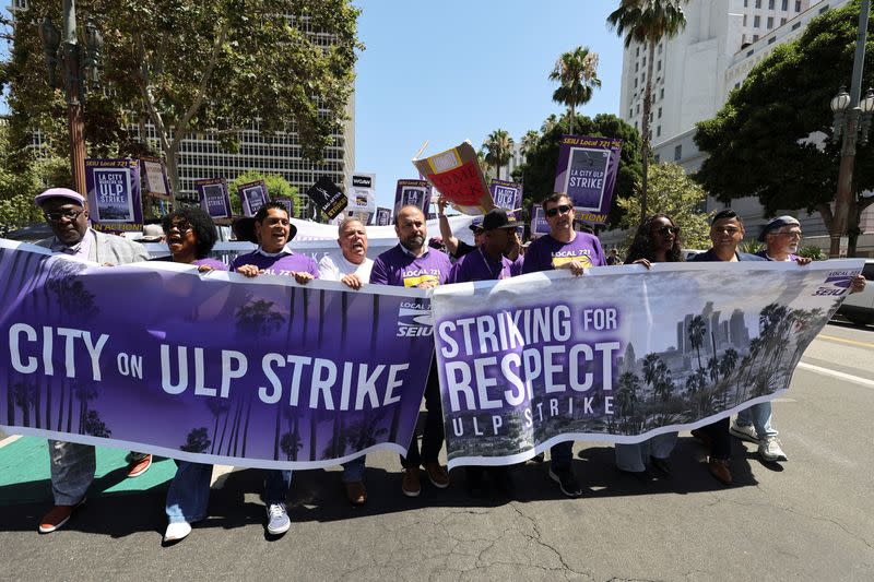 Los Angeles city workers hold a rally in protest over labor negotiations, in Los Angeles