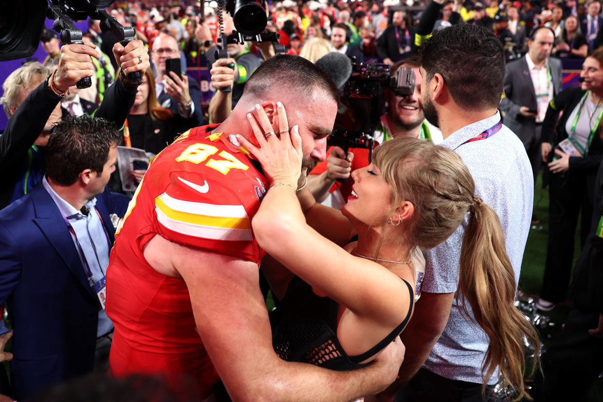 Travis Kelce of the Kansas City Chiefs celebrates with Taylor Swift after defeating the San Francisco 49ers during the 2024 Super Bowl on Feb. 11, 2024 in Las Vegas. (Ezra Shaw / Getty Images)