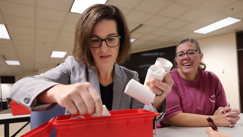 Suzanne Harrison, a member of the Salt Lake County Council, and Teresa Medici audit the primary election at the Salt Lake County Government Center in Salt Lake City on Tuesday, July 2, 2024.