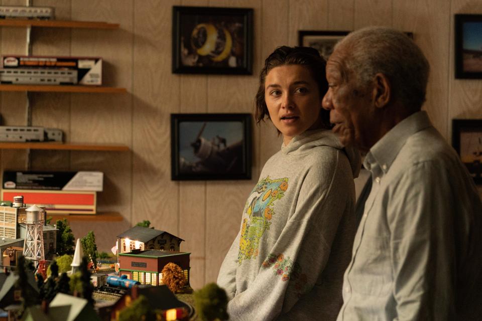 Tragedy and addiction bring Allison (Florence Pugh) and Daniel (Morgan Freeman) together in "A Good Person."