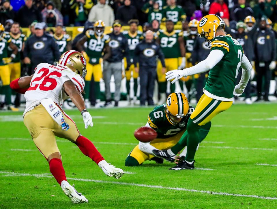 Green Bay Packers kicker Mason Crosby kicks the winning field goal against the San Francisco 49ers on Oct. 15, 2018.