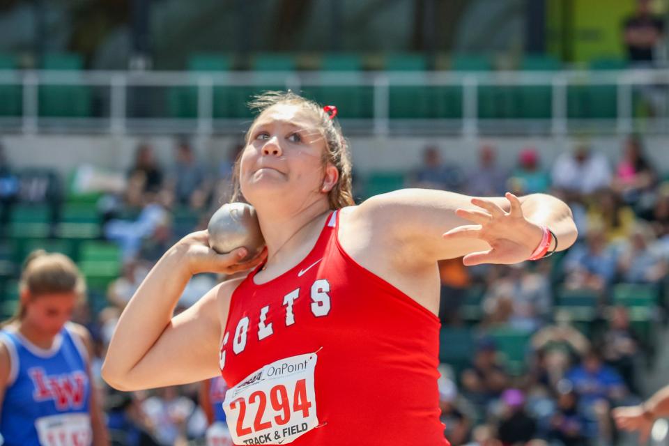 Thurston’s Bailey Tovey throws in the 5A shot put at the OSAA state track and field championship at Hayward Field in Eugene Saturday, May 27, 2023.