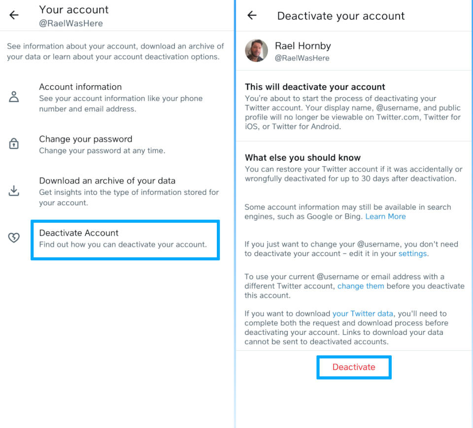 Twitter deactivate account screenshots