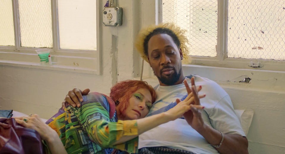 This image released by A24 Films shows Tilda Swinton, left, and RZA in a scene from "Problemista." (A24 via AP)