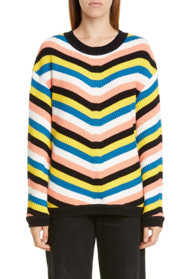<p><strong>Victor Glemaud Striped Chunky-Knit Sweater, $158 (from $395), <a href="https://rstyle.me/+BRUTgC4VWAzgby-a8mjmoQ" rel="nofollow noopener" target="_blank" data-ylk="slk:available here;elm:context_link;itc:0;sec:content-canvas" class="link ">available here</a>: </strong>"These bright rainbow stripes definitely bring a smile to my face. And I like the dropped shoulders and slightly oversized fit — feels extra cozy for fall." — Ana Colón, Senior Editor </p>