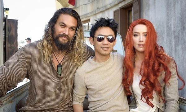 Jason Momoa, James Wan y Amber Heard (Fuente: Warner)