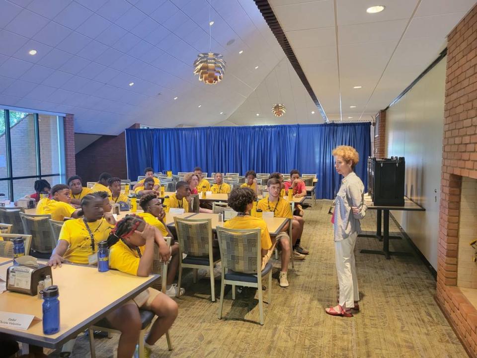 Judge (Ret.) Annette Eckert speaks to cadets during the Team Illinois Youth Police Camp. Eckert is Director for St. Clair County Teen Court, which sends youth to participate in the camp as part of their restorative justice remedies. This year’s camp will take place Sunday, July 16, through Saturday, July 22, at Principia College in Elsah, Illinois.