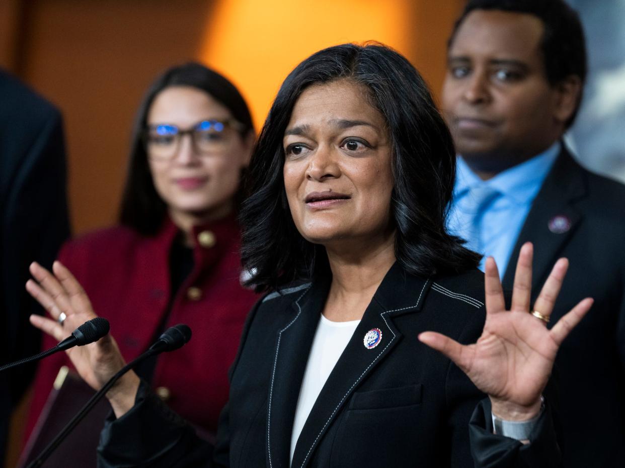 Democratic Rep. Pramila Jayapal of Washington at a press conference on banning lawmakers from trading stocks on April 7, 2022.