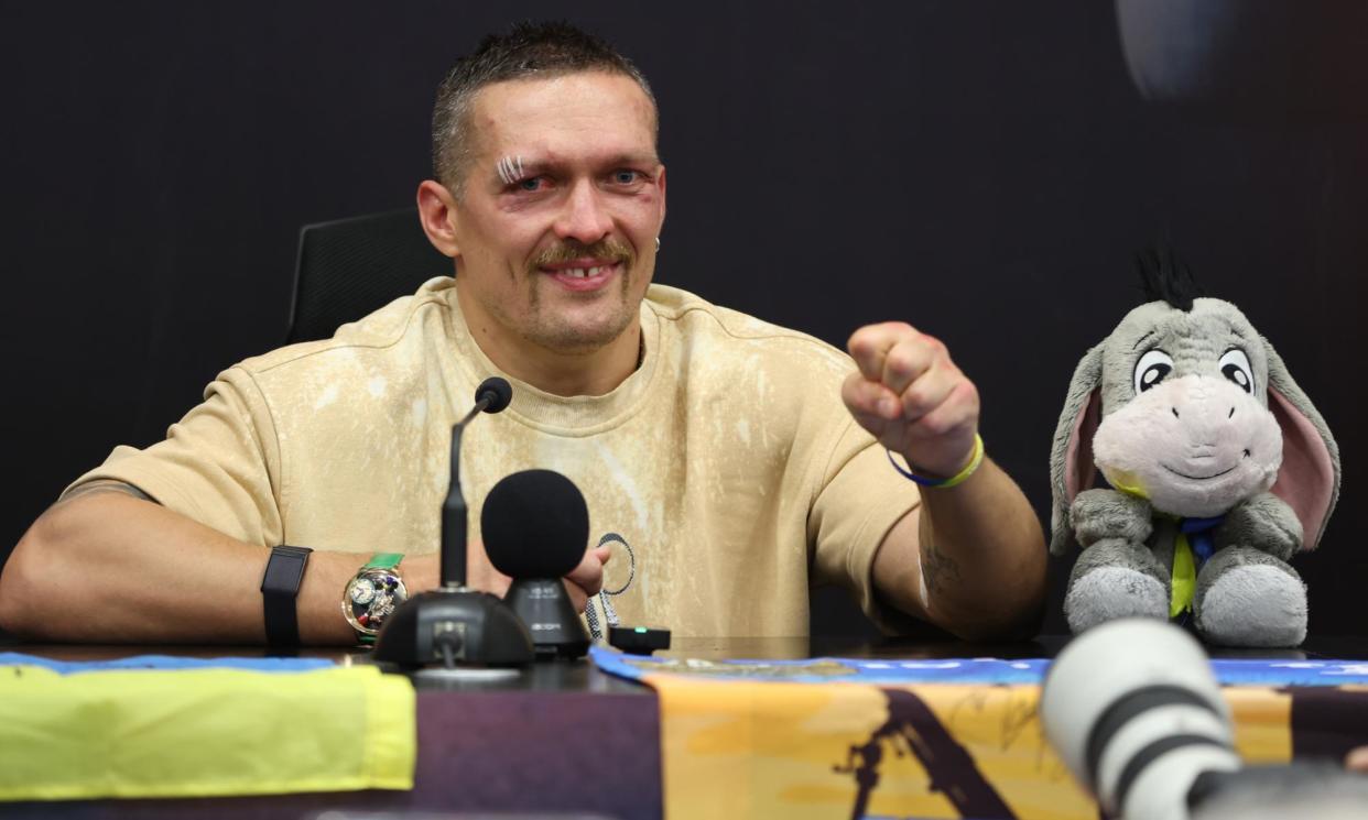 <span>Oleksandr Usyk of Ukraine reacts during a press conference after defeating Tyson Fury to win the undisputed world heavyweight championship in May.</span><span>Photograph: Ali Haider/EPA</span>