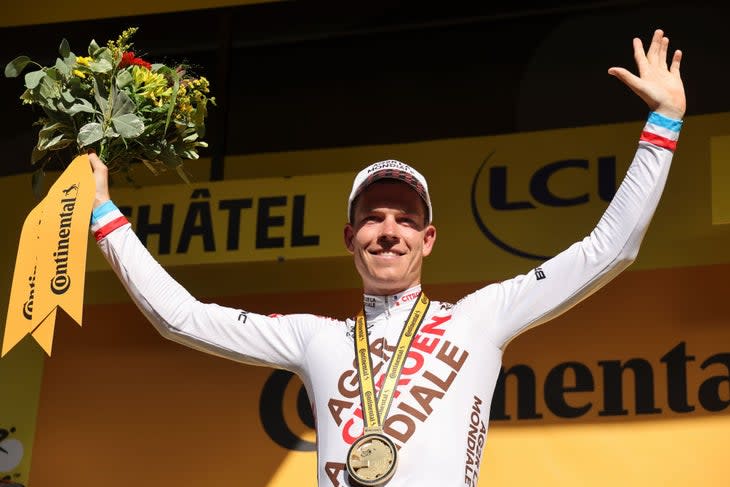 CHATEL - LES PORTES DU SOLEIL, FRANCE - JULY 10: Stage winner Bob Jungels of Luxembourg and AG2R Citroen Team during the podium ceremony of the 109th Tour de France 2022, Stage 9, a 192,9 km stage from Aigle, Switzerland to Chatel - Les Portes du Soleil, France / #TDF2022 / #WorldTour / on July 10, 2022 in Chatel - Les Portes du Soleil, France. (Photo by Jean Catuffe/Getty Images)
