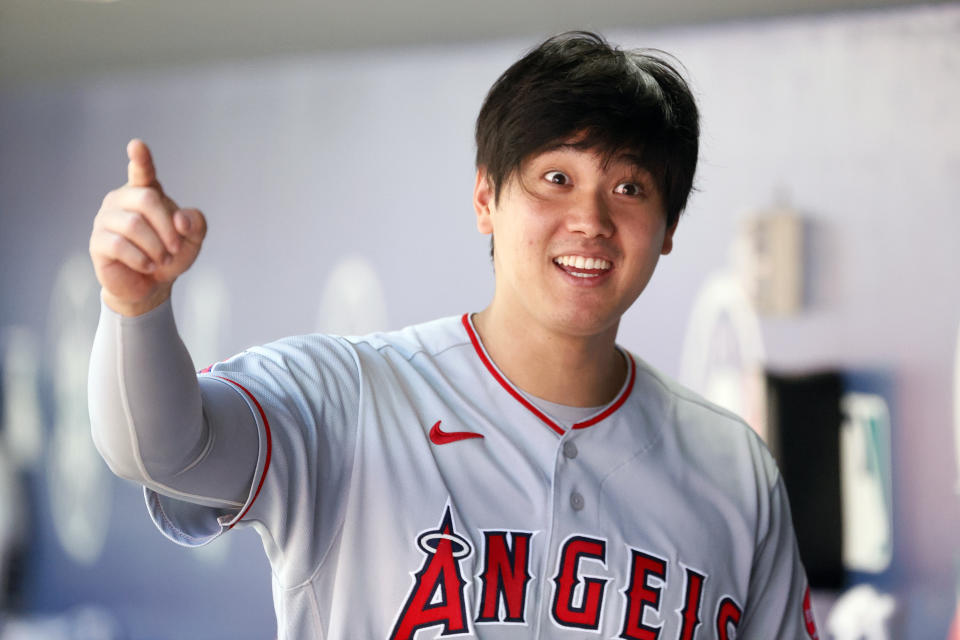 SEATTLE, WASHINGTON - JULY 11: Shohei Ohtani #17 of the Los Angeles Angels looks on in the dugout during the game against the Seattle Mariners at T-Mobile Park on July 11, 2021 in Seattle, Washington. (Photo by Steph Chambers/Getty Images)