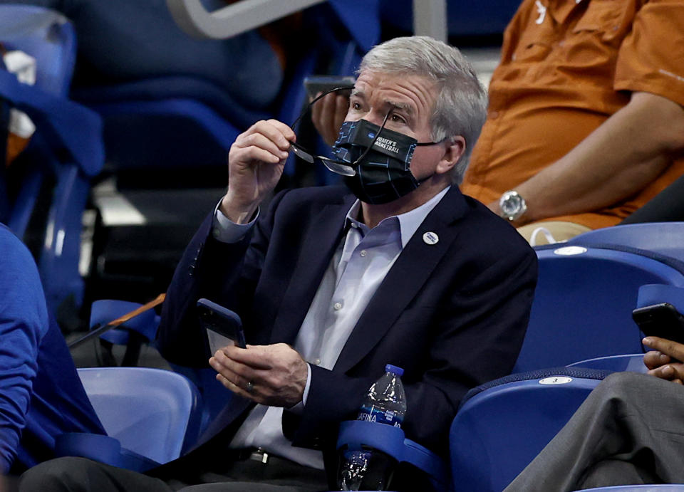NCAA president Mark Emmert attends a game between Texas and South Carolina during the women's basketball tournament March 30, 2021. (Elsa/Getty Images)