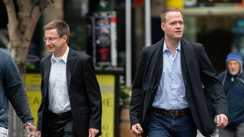  Former Megaupload employees Mathias Ortmann (L) and Bram van der Kolk arrive at the Supreme Court on June 12, 2019 in Wellington, New Zealand.