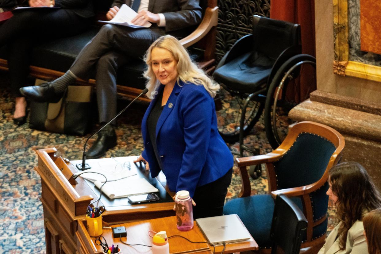 House Minority Leader Jennifer Konfrst speaks during the first session of the year Monday, Jan. 8, 2024, at the Iowa State Capitol.
