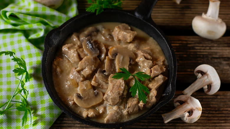 Slow-cooked pork stew mushrooms