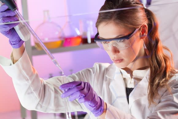 Female scientist in a lab holding a dropper and a test tube