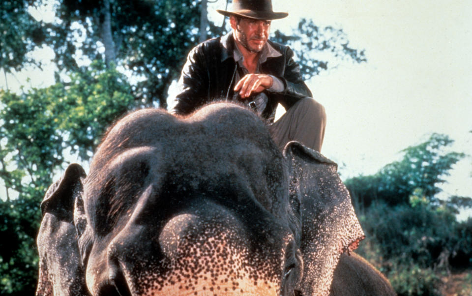 Harrison Ford rides an elephant in a scene from the film 'Indiana Jones And The Temple Of Doom', 1984. (Photo by Paramount/Getty Images)