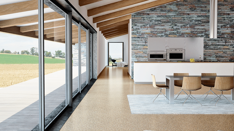 Cork flooring in open plan living room with outdoor views