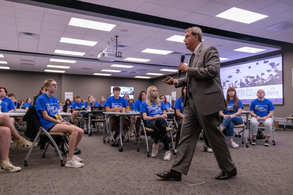 State education commissioner Randy Watson encourages the 60 campers at the Kansas Future Teacher Academy to think big as they spend the week reimagining what the profession could look like when they enter it in a few years.