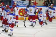 Russia's players react after losing their Ice Hockey World Championship final game against Canada at the O2 arena in Prague, Czech Republic May 17, 2015. REUTERS/Laszlo Balogh