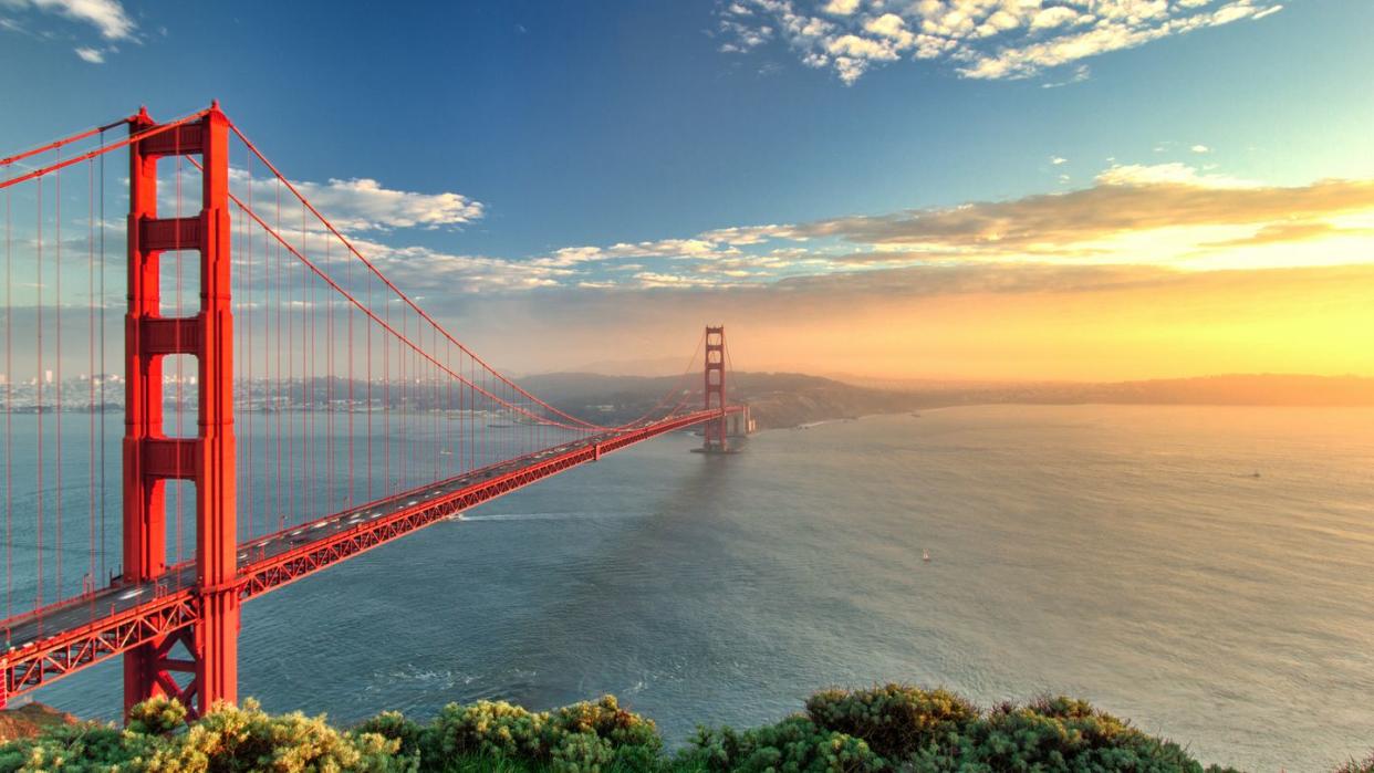 the golden gate bridge during sunset in san francisco, california