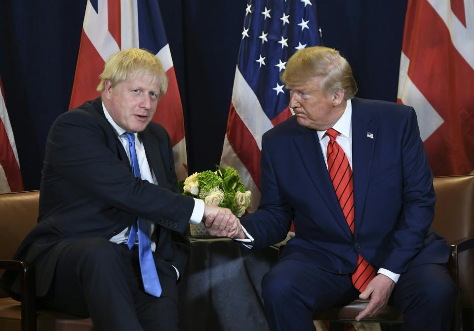 President Donald Trump and British Prime Minister Boris Johnson meet at U.N. headquarters in New York, on the sidelines of the U.N. General Assembly on Sept. 24, 2019.