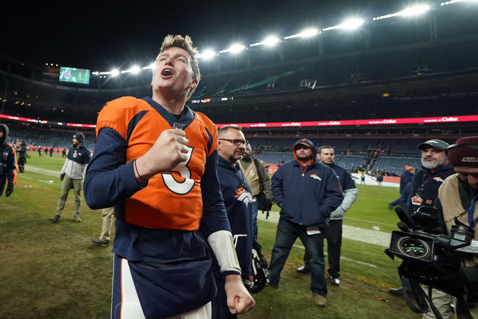 Denver Broncos quarterback Drew Lock reacts after an NFL football game against the Oakland Raiders, Sunday, Dec. 29, 2019, in Denver. (AP Photo/Jack Dempsey)