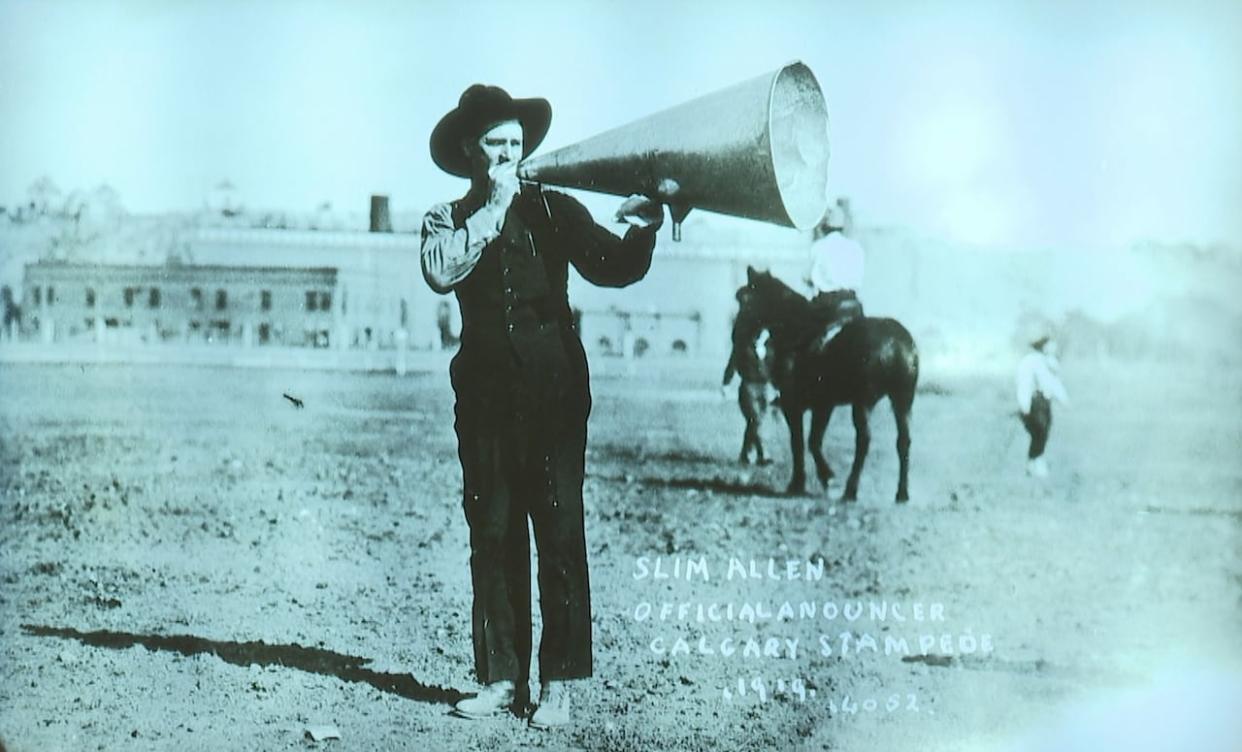 A photo on display at the soon to be opened Sam Centre of Slim Allen, the official announcer of the Calgary Stampede in 1919.  (Terri Trembath/CBC - image credit)