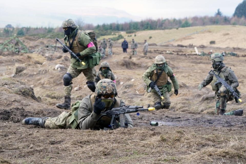 Ukrainian soldiers take part in a military exercise at a military training camp in Yorkshire during a visit by defence ministers from the Joint Expeditionary Force nations (PA)