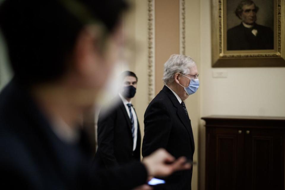 Mitch McConnell arrives at the US Capitol on 6 January.